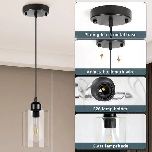 Miniatura 4 de CANMEIJIA Moderna lámpara colgante negra de granja con pantalla de vidrio, iluminación colgante industrial, luces de isla para cocina, accesorios
