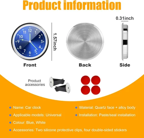 Miniatura 2 de Dickno 2 relojes de automóvil para pegar en el salpicadero, mini relojes analógicos de cuarzo luminoso para ventilación de aire, reloj de Azul+blanco