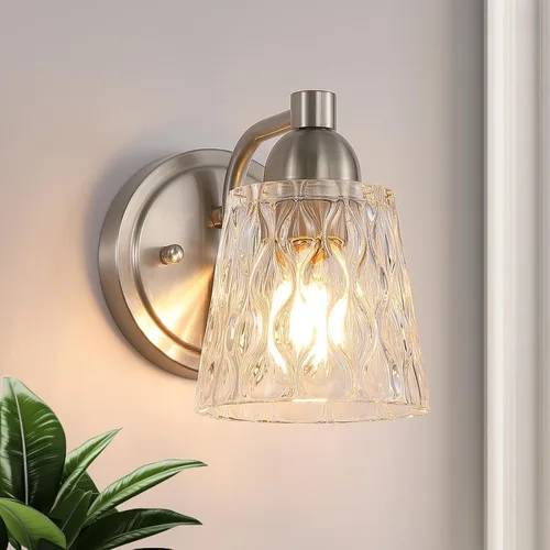 Miniatura 16 de Mecgirn Stainless Steel Bathroom Vanity Light Over Mirror, 1 Light Brushed Gold Bathroom Light Fixtures with Textured Glass Shades, Modern Vanity