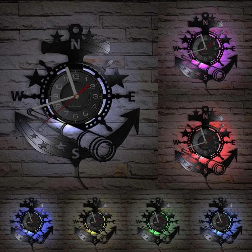 Miniatura 11 de Reloj de pared de disco de vinilo de 12 pulgadas, funciona con pilas, cuarzo silencioso, sin tictac, telescopio de anclaje de barco náutico, Sin luz