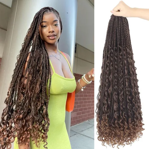 Miniatura 98 de Goddess Box Braids - Trenzas de cabello a ganchillo con extremos rizados, trenzas de caja bohemianas de 16 pulgadas, trenzas de ganchillo, 8 1B-4-30