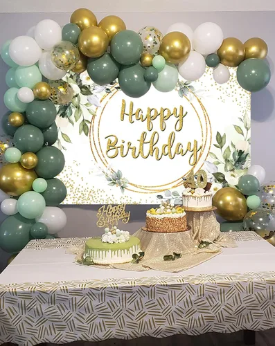 Miniatura 3 de Telón de fondo verde de feliz cumpleaños, suculenta y hojas verdes de eucalipto doradas, fondo de fotografía de selva, niños, niñas, mujeres, baby
