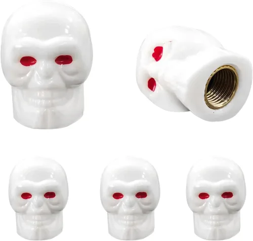 Miniatura 10 de Dickno 5 tapas de vástago de válvula de neumático estilo calavera con anillo de goma, cubiertas de tapones de aire de coche con ojos rojos, tapas