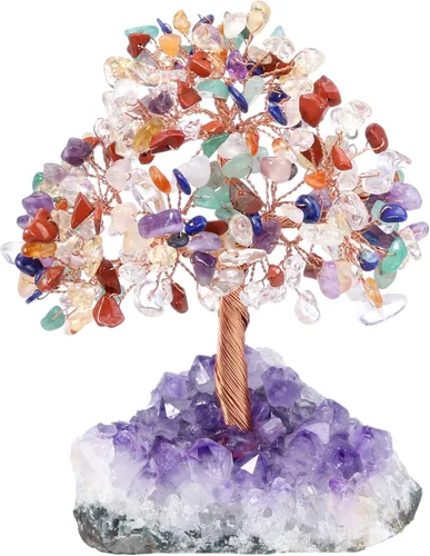 Jovivi Árbol de Dinero de Cristal Curativo de Gemas de 7 Chakras Naturales sobre Base de Geoda Drusa de Racimo de Amatista, Cristales de Feng Shui