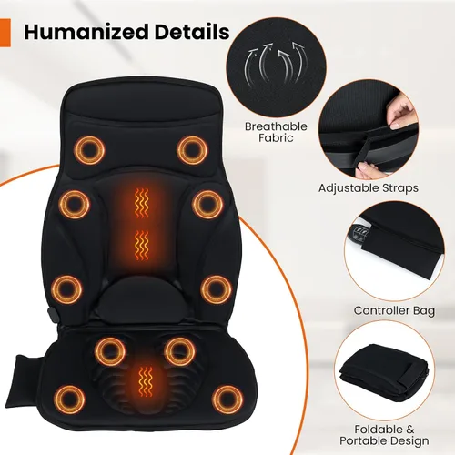 Miniatura 6 de Giantex Masajeador de espalda para silla, almohadilla térmica para silla de masaje con 10 áreas de vibración, 5 modos, 3 velocidades y temporizador