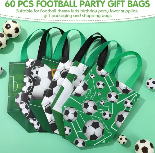 Miniatura 7 de Kigeli 60 bolsas de golosinas de fútbol, bolsas de regalo de fiesta de fútbol, reutilizables, no tejidas, bolsas de dulces con asas para fiesta