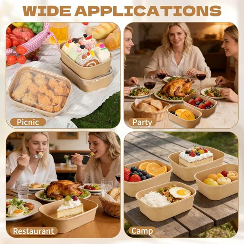 Miniatura 7 de Paquete de 50 cuencos desechables de papel kraft de 17 onzas con tapas, recipientes rectangulares de preparación de comidas a granel, ensaladera