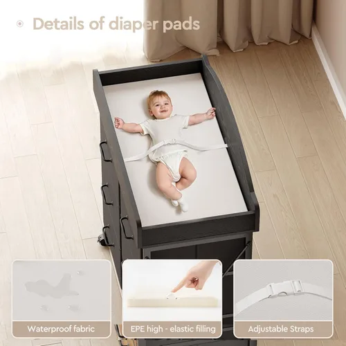 Miniatura 2 de Yetom Cómoda Cambiador de Bebé con Ruedas, Cómoda para Bebé con 6 Cajones de Tela con Superficie de Cambio, Estación de Cambio de Pañales Negro