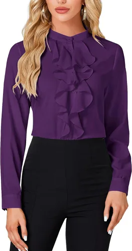 Miniatura 10 de LYANER - Blusa de cuello alto con botones, volantes en el frente, manga larga, camisa de trabajo para mujer