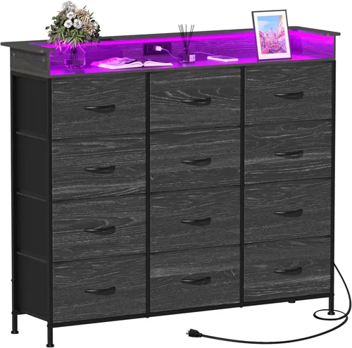 Miniatura 6 de Cómoda negra con luz LED, 12 cajones con estación de carga, cómoda para dormitorio con 12 cajones de tela para dormitorio, pasillo, entrada