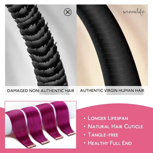 Miniatura 3 de WENNALIFE Extensiones de cabello humano con cinta, extensiones de cabello humano color violeta, 10 unidades, 1.06 oz, 26 pulgadas, extensiones