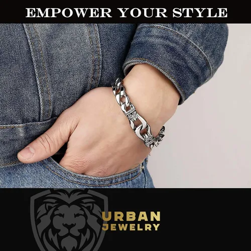 Miniatura 3 de URBAN JEWELRY Amazing Stainless Steel Men's link Bracelet Silver Black 9 Inch with Necklace Option 21 inch (With Branded Gift Box)