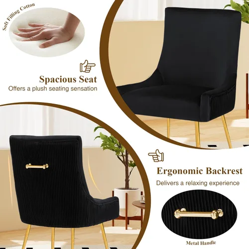 Miniatura 4 de adochr Juego de 2 sillas de comedor modernas con patas de metal dorado, silla de cocina tapizada de terciopelo, respaldo plisado, silla decorativa