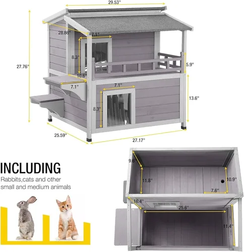 Miniatura 6 de Aivituvin Casa de gatos al aire libre resistente a la intemperie con dos pisos, refugio para gatos salvajes con puertas de escape, madera maciza