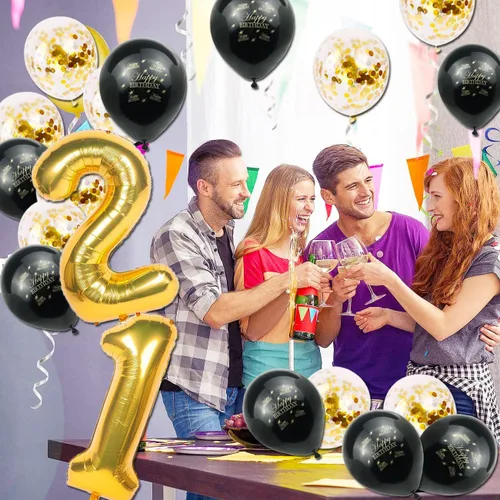 Miniatura 3 de Decoraciones de cumpleaños 21 para él, decoraciones de cumpleaños 21 con globos dorados de 40 pulgadas, pancarta de felicitación a 21 años, cortinas
