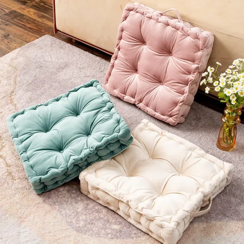Miniatura 4 de Cojines cuadrados para asiento de suelo, cojín de asiento de silla de tatami de color sólido con asa, cojín de terciopelo portátil grueso para yoga