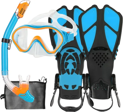 Miniatura 22 de Juego de esnórquel para niños con máscara, aletas, paquetes de esnórquel, con máscara de buceo, esnórquel, aletas ajustables para nadar, bolsa