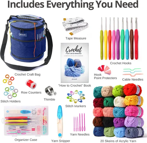 Miniatura 2 de Piccassio Kit de ganchillo para principiantes, juego completo de iniciación para adultos y adolescentes con 20 colores de hilo, ganchos, libro