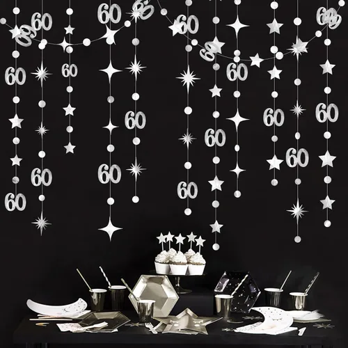 Miniatura 9 de Decoración de cumpleaños número 60 negro, círculo de punto estrella, guirnalda colgante, banderines, telón de fondo para hombres, vítores a los 60