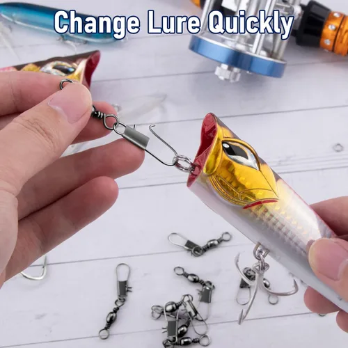 Miniatura 5 de Alwonder Paquete de 100 unidades de barril de pesca giratorios con broches de presión, aparejos de pesca de acero inoxidable seguro entrelazado