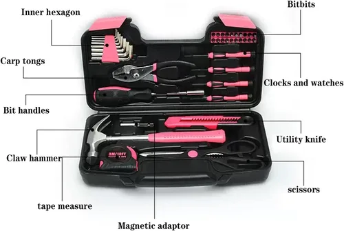 Miniatura 2 de Juego de herramientas para el hogar, 39 piezas, color rosa, para mujeres, juego de herramientas pequeñas con caja de herramientas, ideal