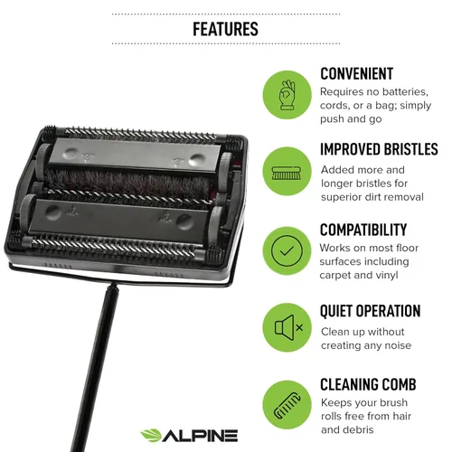 Miniatura 5 de Alpine - Barredora manual de alfombras de triple cepillo, limpiador de suelos no eléctrico multisuperficie, fácil de barrer para suelos alfombrados