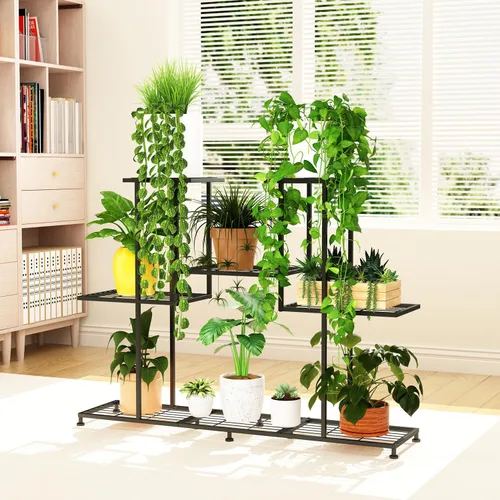 Miniatura 8 de Twhep Soporte de Metal para Plantas, 5 Niveles Soportes Multifuncionales para Plantas de Interior, Estante Decorativo de Acero Negro para Plantas
