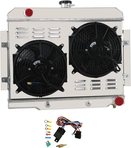 Primecooling - Radiador de aluminio de 4 filas + ventilador de 2 x 12 pulgadas + cubierta para Jeep CJ Series CJ5 CJ6 CJ7 con motor GM Chevy SWAP