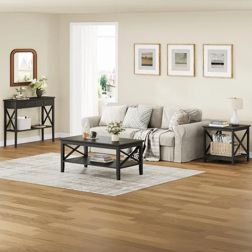 Miniatura 3 de Mesa de centro ChooChoo Oxford con patas más gruesas, mesa de centro de madera negra con almacenamiento para la sala de estar