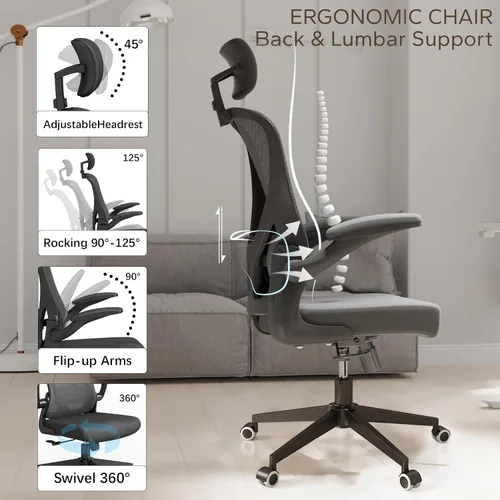 Miniatura 3 de Silla de oficina ergonómica con función de inclinación, reposacabezas ajustable con brazos abatibles, cojín para soporte lumbar y ruedas