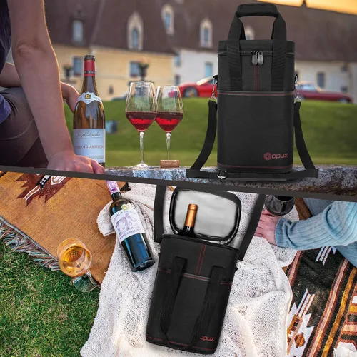 Miniatura 7 de Opux Bolsa térmica de vino con aislamiento para 4 botellas, a prueba de fugas, portátil, para viajes, picnic, regalo BYOB (negro)
