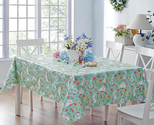 Miniatura 11 de Newbridge Blue Easter Cotton Tail Bunny Party 52 x 52 inch Square Vinyl Tablecloth with Flannel Backing, Bunny Rabbit, Easter Eggs and Floral Design