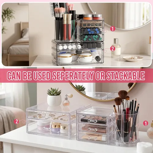 Miniatura 6 de ShineMe Organizador de maquillaje acrílico, organizador de cosméticos apilable de 2 niveles para tocador con soporte giratorio de 360° para brochas