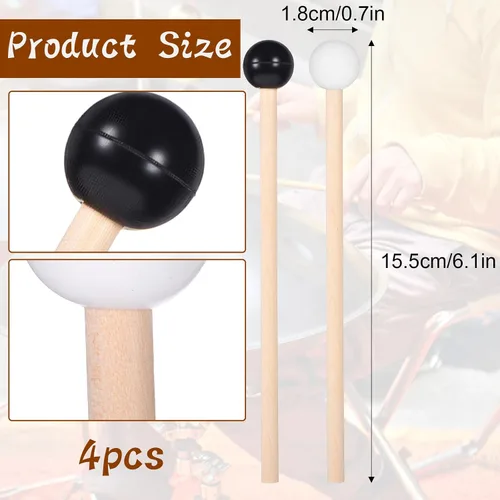 Miniatura 4 de TIESOME 4 mazos de tambor de lengua de acero, mazos de xilófono Glockenspiel, 6.1 pulgadas, palillos de percusión de goma de madera para Bell Stick