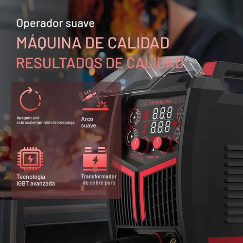 Miniatura 5 de YESWELDER Soldador MIG 160A, 110V/220V Voltaje Dual, 4 en 1 Gas MIG/Flux Core MIG/Elevación TIG/Stick Multiproceso Pantalla Digital LED Grande
