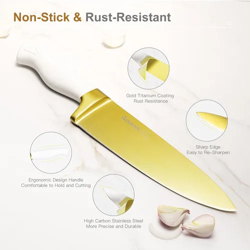 Miniatura 8 de Astercook Juego de cuchillos de cocina de 15 piezas, con revestimiento de titanio dorado saludable, juego de cuchillos de espiga completa con bloque