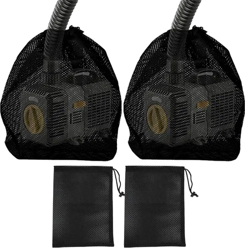 Bolsa de malla para bomba de estanque, 2 paquetes de 12.2 x 15.9 pulgadas, bolsa de barrera de bomba con cordón, bolsas negras para piscina para