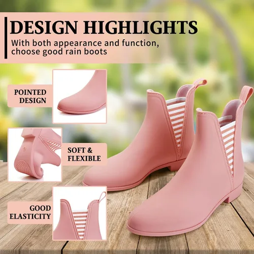 Miniatura 4 de Hsttgsr Botas de lluvia para mujer, cómodas botas de goma cortas antideslizantes, elegantes botines elásticos de tacón medio para jardín