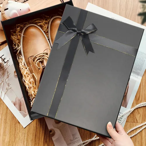Miniatura 5 de Eerbaier Caja de regalo grande con tapa de 13 x 9.9 x 5 pulgadas, caja de regalo negra con fila de cinta, tarjeta y relleno de papel triturado, caja