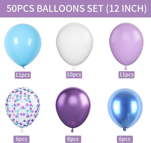Miniatura 2 de Juego de globos azules y morados, 50 unidades de globos azules de 12 pulgadas de sirena, globos metálicos morados y blancos de látex, globos