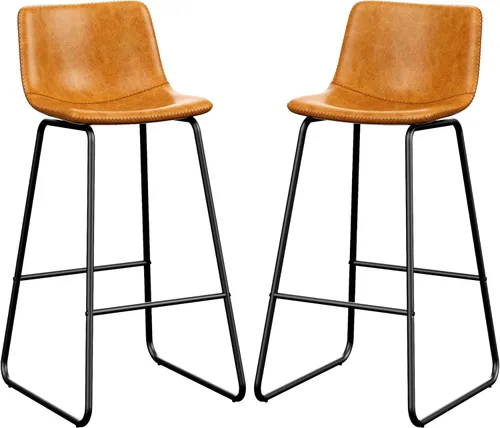 Miniatura 13 de REONEY Juego de 2 taburetes de bar de piel sintética de 26 pulgadas, taburetes de bar modernos con patas de metal y reposapiés, sillas urbanas sin