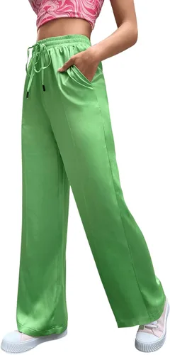 Miniatura 4 de SweatyRocks Pantalones de satén de pierna ancha para mujer con cintura elástica y bolsillo