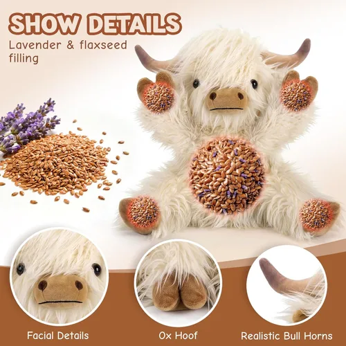 Miniatura 5 de Highland Cow - Animal de peluche para niños, apto para microondas y con peso, juguete de peluche de vaca de las tierras altas con aroma a lavanda