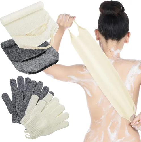 Juego de 4 paños exfoliantes para la espalda, 2 toallas exfoliantes de nailon para la espalda, 2 pares de guantes de ducha para mujeres y hombres,