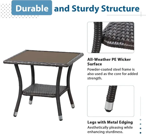 Miniatura 6 de Super Patio Mesa auxiliar de mimbre para patio al aire libre, mesa de centro de mimbre cuadrada con parte superior de vidrio, marco de aluminio