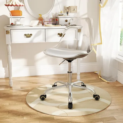 Miniatura 2 de COSTWAY Silla de escritorio transparente, sillas de oficina de acrílico rodantes sin brazos con asiento giratorio y cojín de piel sintética, altura