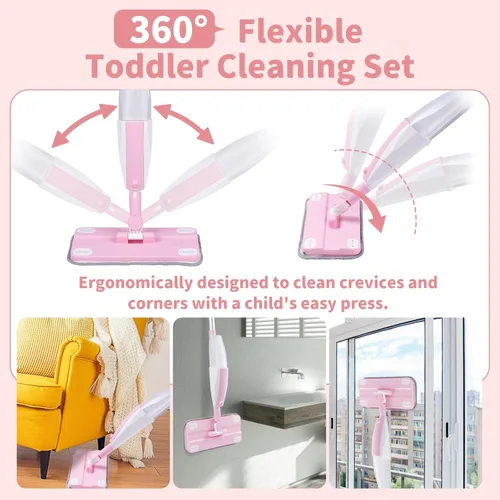 Miniatura 7 de Trapeador con atomizador para niños, juego de limpieza de mopa para niños, juego de mini trapeador de trabajo real y recogedor de escoba para niños