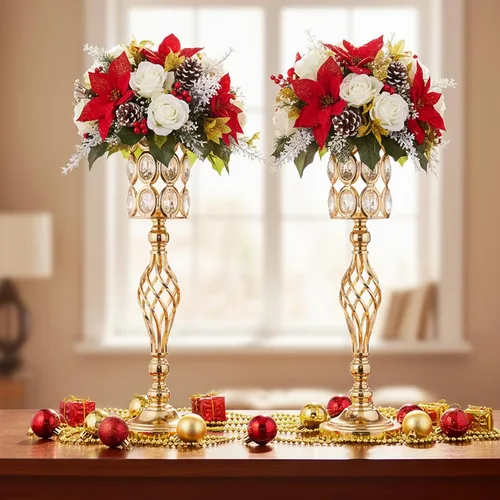 Miniatura 6 de Jarrones de cristal para centros de mesa de boda, juego de 2 jarrones dorados de metal, versátiles soportes para flores de 24 pulgadas de alto