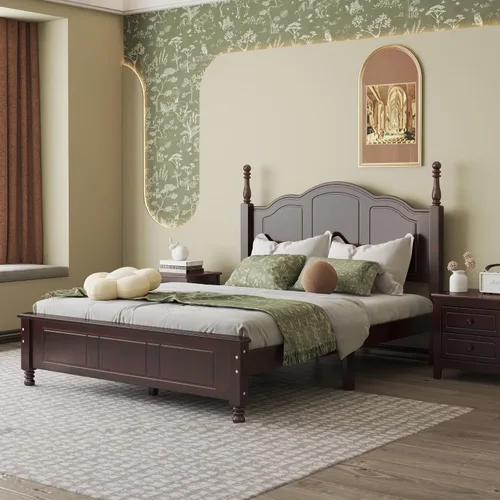 Miniatura 4 de DEINPPA Marco de cama bajo con póster de estilo inglés, cama de plataforma de madera medieval, no necesita somier, nogal oscuro