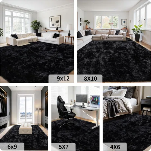Miniatura 8 de Alfombra de Área de 8 x 10 pies para Sala de Estar: Alfombras Negras Ultra Suaves y Esponjosas Shag, Alfombra Grande de Felpa Difusa Antideslizante
